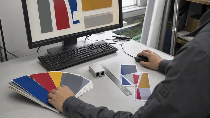 Panel layouts and material colors prepared at a prepress workstation