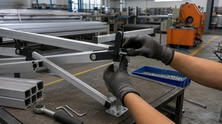 Aluminum canopy profiles and pivot hardware assembled at a workbench