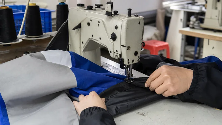 Heavy outdoor fabric receiving a reinforced sewn edge