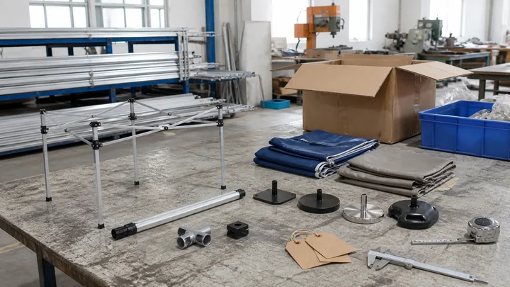 Canopy frame, bases and packing materials grouped for kit planning