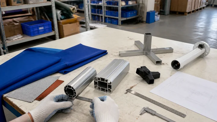 Fabric, aluminum profiles and display hardware checked at a workshop table