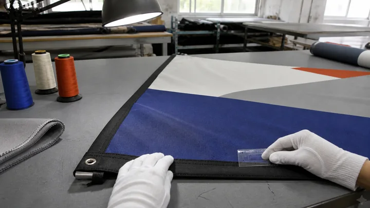 Printed fabric hem, stitching and eyelet inspected under task lighting