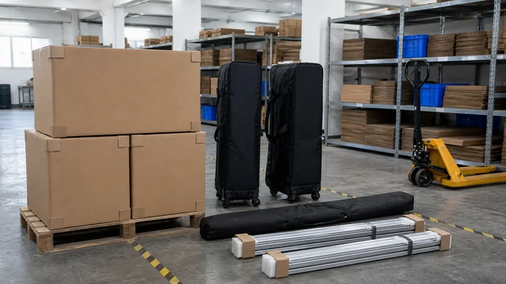 Packed display kits and plain cartons staged in a dispatch area