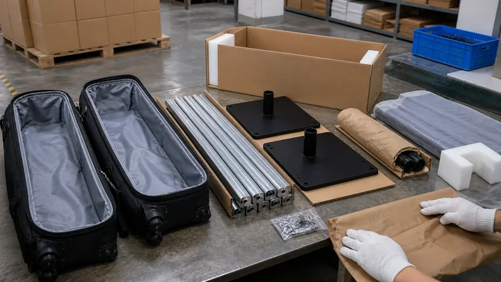 Display poles, bases and wheeled bags grouped with protective packing