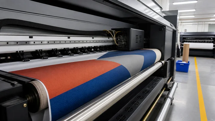 Printed polyester feeding through a roll-to-roll fabric printer