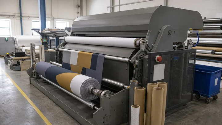 Printed fabric moving through a heat-transfer calender