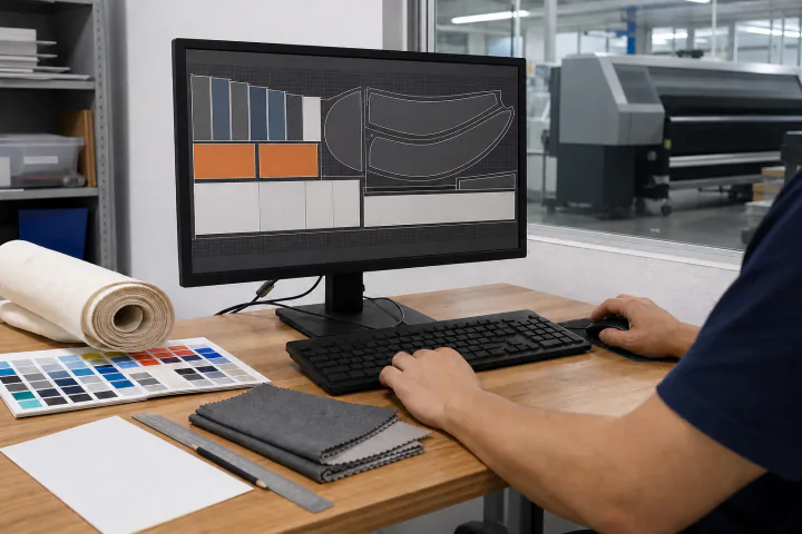 Designer preparing artwork and color samples for an outdoor display kit
