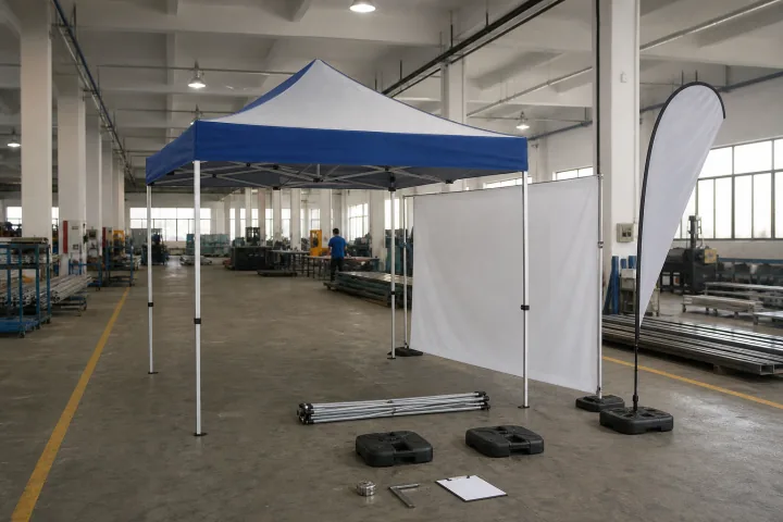 Complete tent, flag and portable display kit being inspected indoors