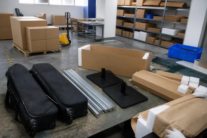 Outdoor display kit being packed into protective wheeled bags