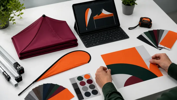 Canopy and flag artwork, fabric colors and print samples being prepared for approval
