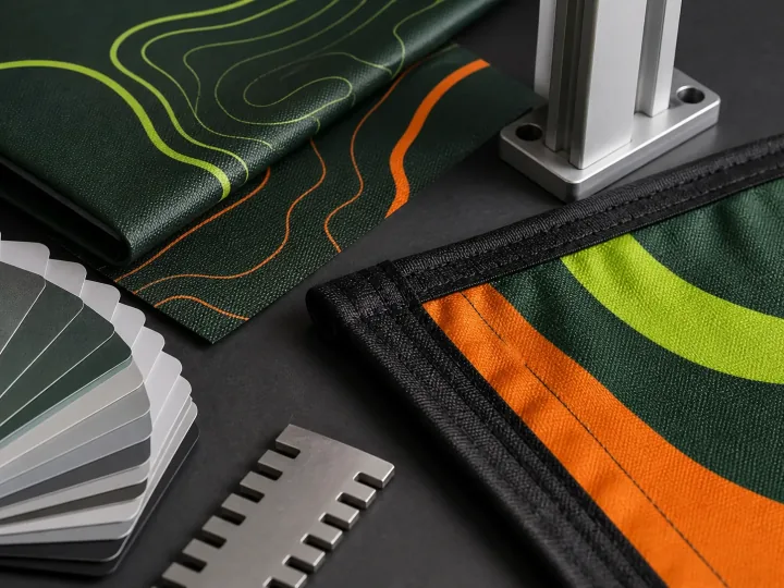 Close-up of custom printed fabric, reinforced seam and aluminum hardware