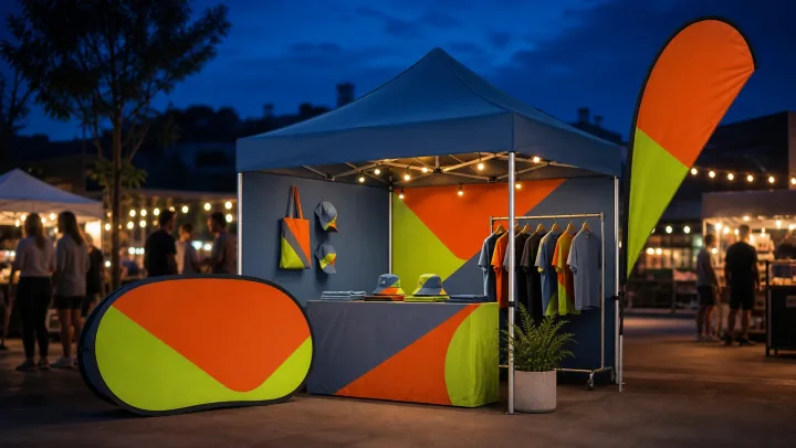 Custom canopy, teardrop flag and oval sign at an evening market