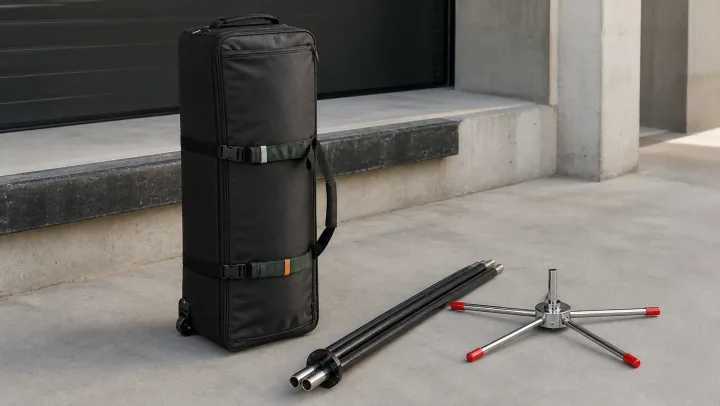Wheeled event bag packed with flag poles and a rotating cross base