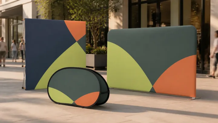 Custom fabric backdrops and oval display arranged for a retail promotion