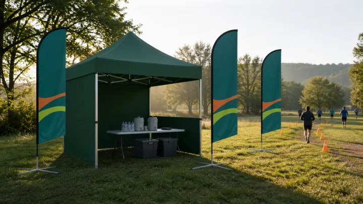 Custom tent and flags marking an outdoor endurance event checkpoint