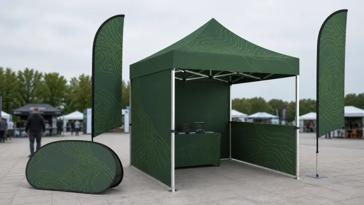 Custom green event tent, feather flags and oval floor display at an outdoor trade show